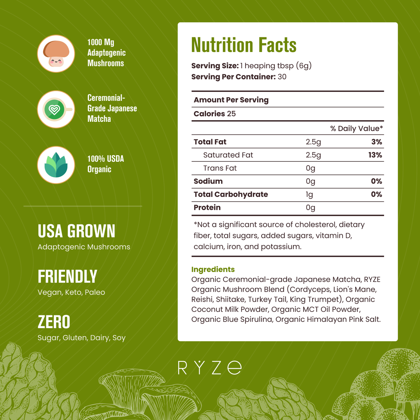 RYZE Mushroom Matcha - with 6 Organic Adaptogenic Mushrooms Grown In USA and Ceremonial-Grade Japanese Matcha Classic M047-094